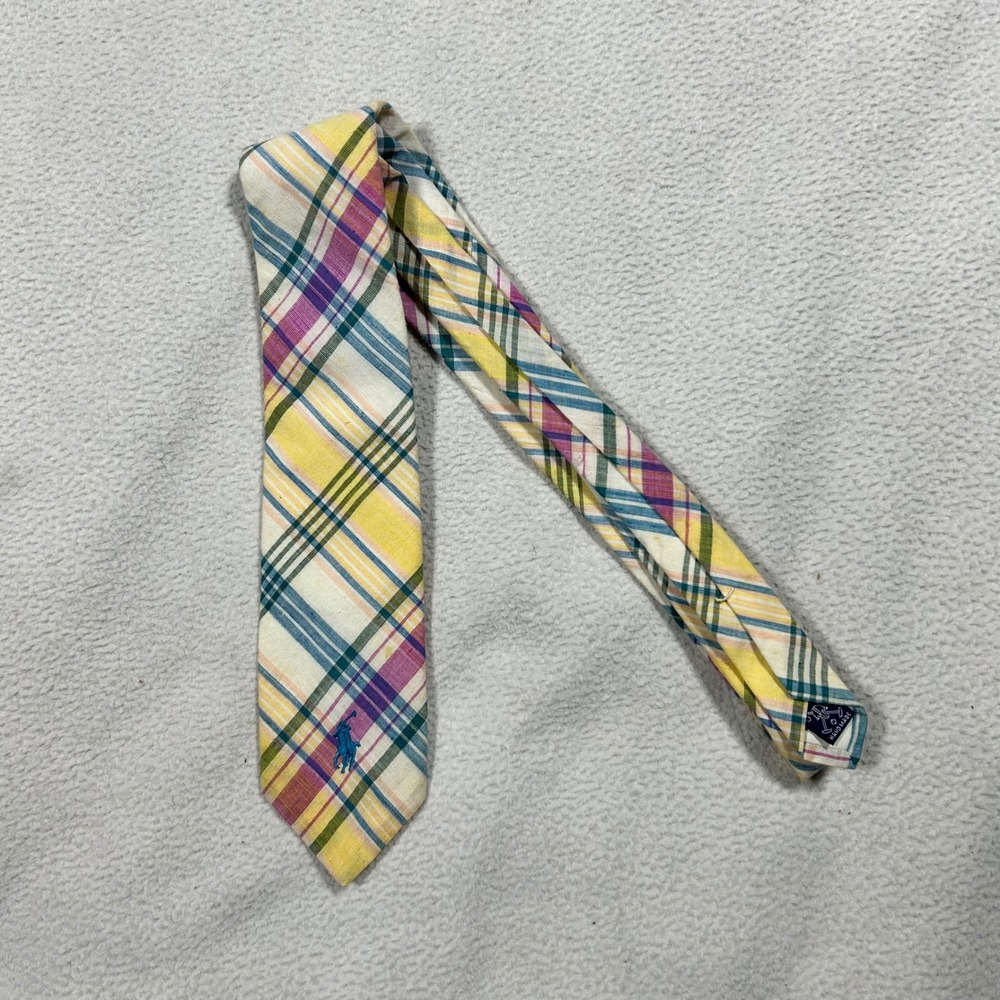 Polo Ralph Lauren Necktie Mens OS Yellow Plaid Cotton Embroidered Pony Hand Made